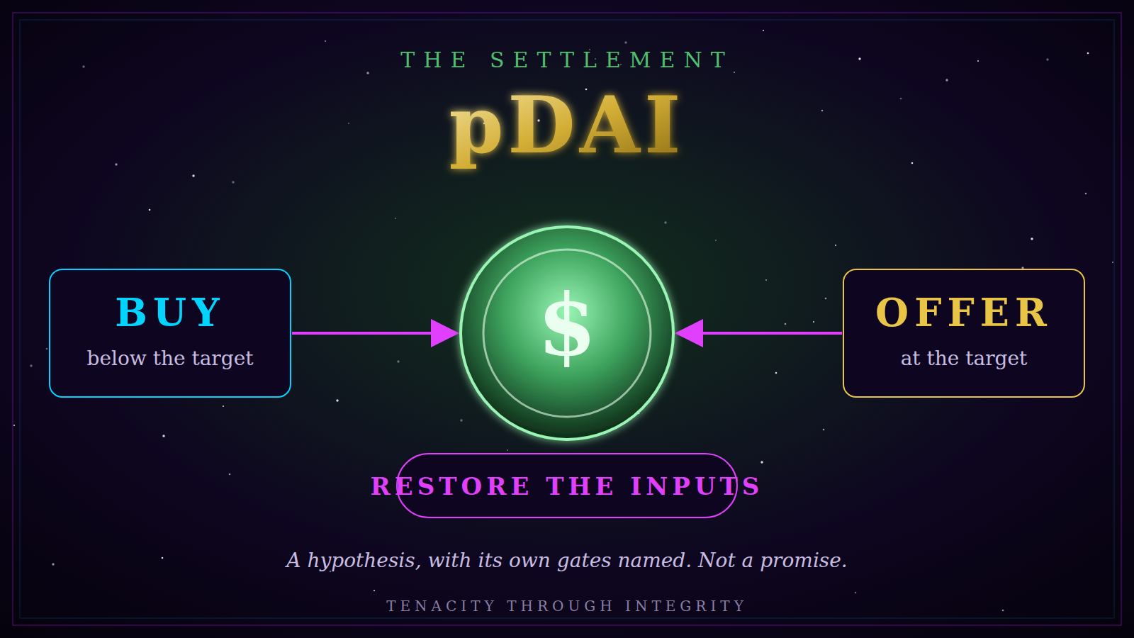 pDAI · buy below the target, offer at the target, restore the inputs
